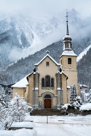 Church in Chamonix town, France, French Alps  in winterの写真素材