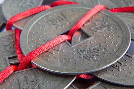 Chinese feng shui lucky coins macro shot