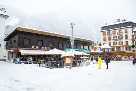 CHAMONIX, FRANCE - JANUARY 2015: Outdoor Bar in Chamonix town in French Alps, France, 30 January 2015のeditorial素材