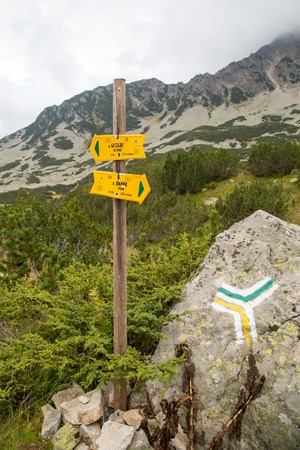 BANSKO, BULGARIA - September 2014: Signpost to different touristic routes in summer tim enear   Bansko, Bulgaria, 15 September 2014のeditorial素材