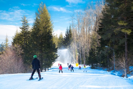 BANSKO, BULGARIA - February 2015: Skiers on the slope in Bansko, Bulgaria, 19 February 2015のeditorial素材