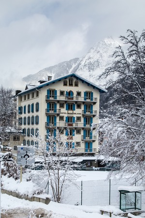 CHAMONIX, FRANCE - JANUARY 2015: Hotel in Chamonix town in French Alps, France, 30 January 2015のeditorial素材