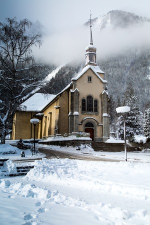 Church in Chamonix town in winterの写真素材