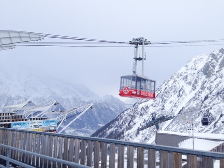 CHAMONIX, FRANCE - JANUARY, 26, 2015: Brevent red cable car at mountain area of Chamonix, France, on 26 January, 2015のeditorial素材