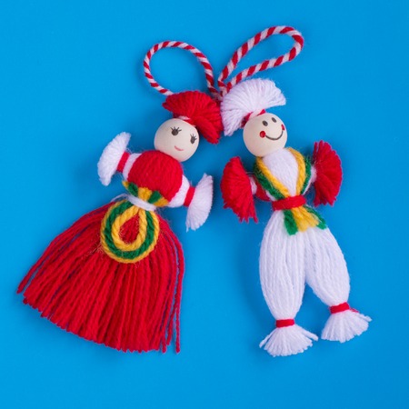 Bulgarian Martenitsa spring sign on blue backgroundの写真素材