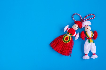 Bulgarian Martenitsa spring sign on blue backgroundの写真素材