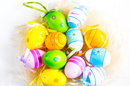 Multi colored Easter eggs still life close upの写真素材