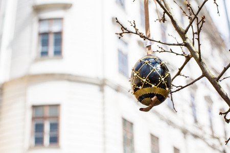 Black and gold painted Easter egg on the treeの写真素材