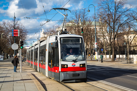 Modern red tram in Vienna Austria.のeditorial素材