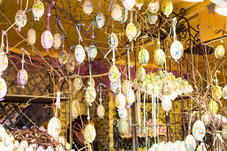 Colorful painted Easter eggs on the treeの写真素材