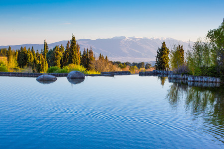 Beautiful Lake and mountains view in Sandanski, Bulgariaの写真素材
