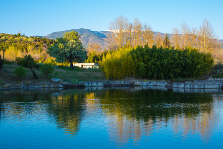 Beautiful Lake and mountains view in Sandanski, Bulgariaの写真素材