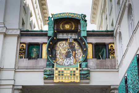 Jugendstil Ankeruhr Vienna Clock at Hoher Markt. At 12 o'clock noon the parade of the figures with musical accompaniment takes placeの写真素材