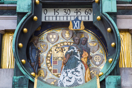 Jugendstil Ankeruhr Vienna Clock at Hoher Markt. At 12 o'clock noon the parade of the figures with musical accompaniment takes placeの写真素材