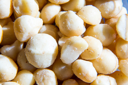 Background with close up heap of Macadamia Nutsの写真素材