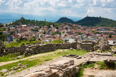 Plovdiv, Bulgaria - May 10, 2015:  Cityscape View of Plovdiv city, Bulgaria, hills  and the ruins of the old fortressのeditorial素材