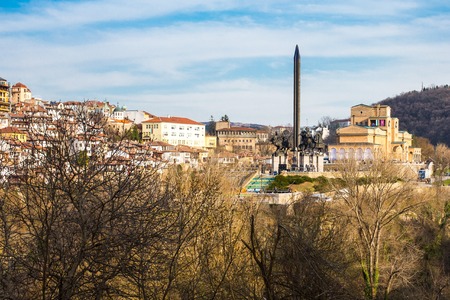 View of Veliko Tarnovo the former capital of Bulgaria and the monument of Assenevtsi or Assens Brothers the medieval kings of Bulgariaの写真素材