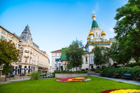 Sofia, Bulgaria - July 5, 2015: The Russian  St. Nicholas church in the centre of Sofia city, capital of Bulgariaのeditorial素材