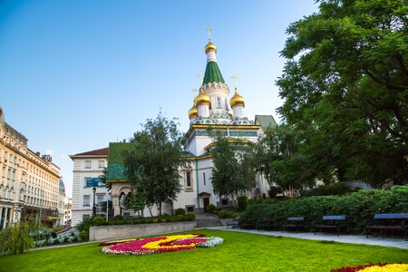 Sofia, Bulgaria - July 5, 2015: The Russian  St. Nicholas church in the centre of Sofia city, capital of Bulgariaのeditorial素材