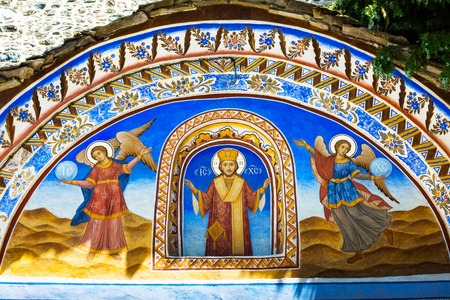 Rila, Bulgaria - June, 25, 2015: Wall painting at the entrance of Rila Monastery. The monastery is the largest in Bulgaria and a UNESCO World Heritage siteのeditorial素材