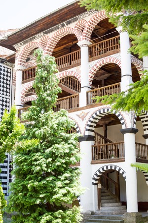 Beautiful exterior architecture details of famous Rila Monastery, Bulgariaのeditorial素材