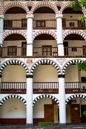 Beautiful exterior architecture details of famous Rila Monastery, Bulgaria which is Unesco World...