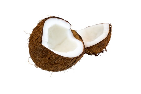 Two half parts of the ripe brown coconut isolated on white background