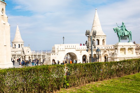 Budapest, Hungary - March 29, 2015: Tourists at Fisherman Bastion near Horse riding statue of Stephen I of Hungary, Budapest, Hungaryのeditorial素材