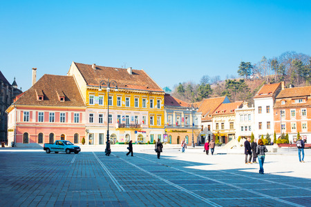 Brasov, Romania - March 24, 2015: The Council Square or Piata Sfatului in downtown of Brasov, Transylvania, Romania.のeditorial素材