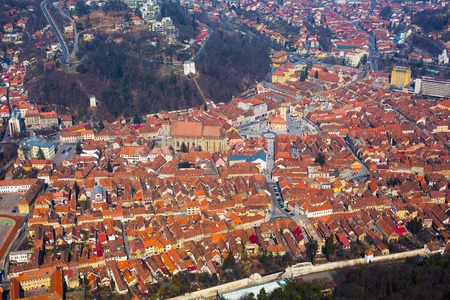 Aerial view from Tampa of the Old Town, Brasov, Transylvania, Romaniaの写真素材