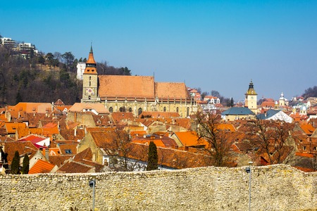 Aeral view of the Black Church Biserica Neagra in Brasov, Transylvania, Romaniaの写真素材