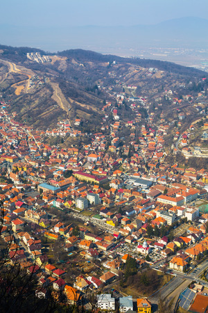 Aerial view from Tampa of the Old Town, Brasov, Transylvania, Romaniaの写真素材