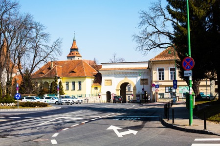 Brasov, Romania - March 24, 2015: Schei gate or Poarta Schei in old city Brasov, Transylvania, Romaniaのeditorial素材