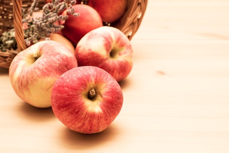 Autumn crop background with Ripe red Apples rolling out of basket. Copyspaceの写真素材