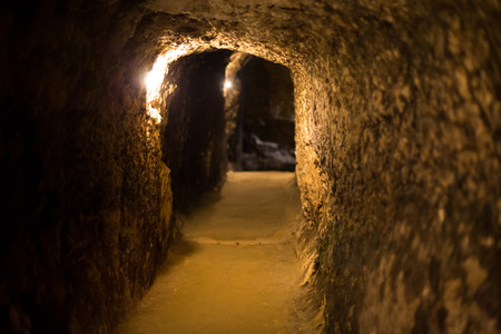 Background with the stone arch at the old dark wine cellarの写真素材