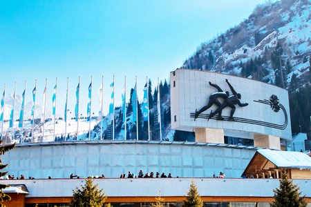 Almaty, Kazakhstan - March, 2, 2014: Famous skating rink Medeo in Almaty, Kazakhstan and mountains at the backgroundのeditorial素材