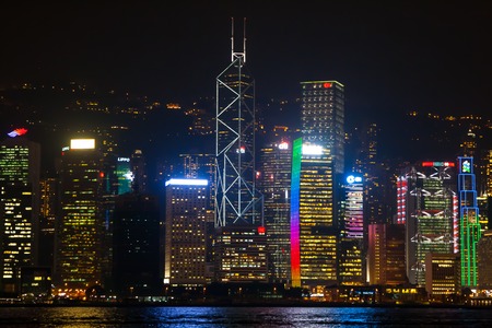 Hong Kong, China - January, 9, 2014: Illuminated skyscrapers view at the night timeのeditorial素材