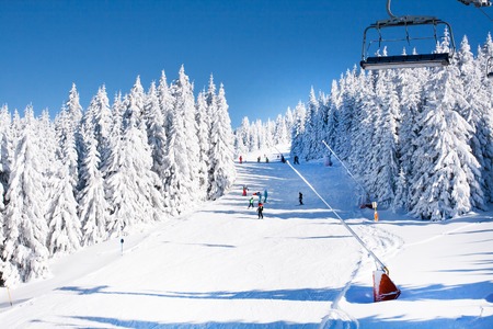 Kopaonik, Serbia - January 19, 2016: Ski resort Kopaonik, Serbia, ski slope, ski lift, skiers on the piste among white snow pine trees forestのeditorial素材