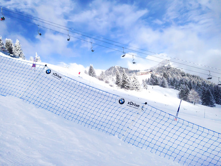 Chamonix, France - January 25, 2015: The view at the xDrive ski slope in the mountains of Les Houches winter resort, in French Alps, Chamonix, Franceのeditorial素材