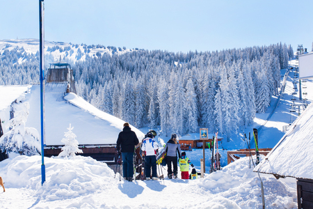 Kopaonik, Serbia - January 19, 2016: View of ski resort Kopaonik, Serbia, people go skiing, ski lift, mountains, winter timeのeditorial素材