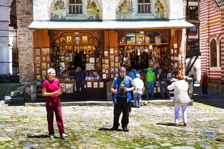 Rila, Bulgaria - June, 25, 2015: People near the icon shop in Unesco World Heritage site famous Rila Monastery, Rilsky monasteryのeditorial素材