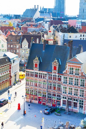 Ghent, Belgium - April 12, 2016: Aerial view of Ghent, Belgium with traditional buildings, square and rooftopsのeditorial素材