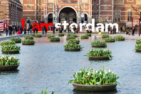 Amsterdam, Netherlands - March 31, 2016: People making photo in front of the sign, I amsterdam,  at Museumplein, Rijksmuseumのeditorial素材