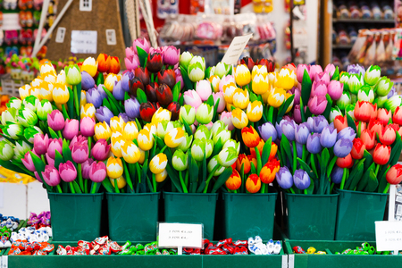 Flower multi-colored tulip souvenirs for sale in Amsterdam, Netherlandsの写真素材