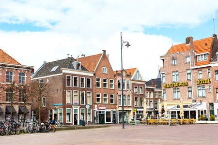 Leiden, Netherlands - April 7, 2016: Traditional houses and bicycles at the square in Leiden, Holland, Netherlandsのeditorial素材