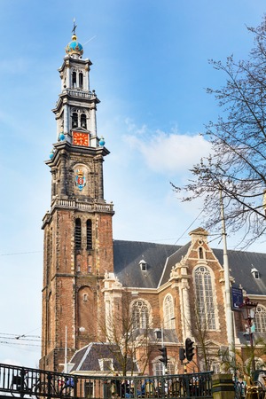 Amsterdam, Netherlands - April 1, 2016: Westerkerk or Western Church tower in Amsterdam, Holland, Netherlands. Rembrandt is buried here.のeditorial素材