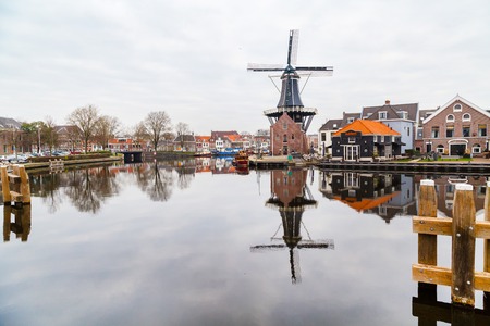 Haarlem, Netherlands - April 2, 2016: Picturesque morning landscape with the windmill and traditional houses, Haarlem, Hollandのeditorial素材