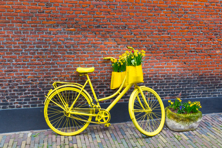 Vintage vibrant yellow bicycle with basket of daffodil flowers on old rustic brick wall backgroundの写真素材