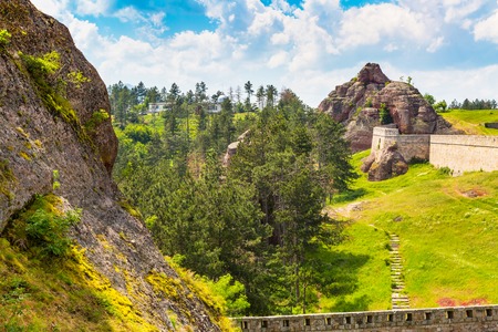 Vibrant image of Belogradchik cliff rocks and wall at ancient Kaleto fortress, Bulgariaの写真素材