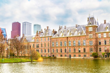 Famous parliament and court building Binnenhof and lake in Hague, Hollandの写真素材